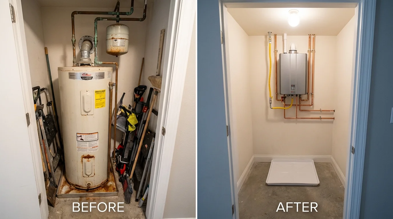 Tank water heater versus wall-mounted tankless unit comparison for Oswego, IL homeowners