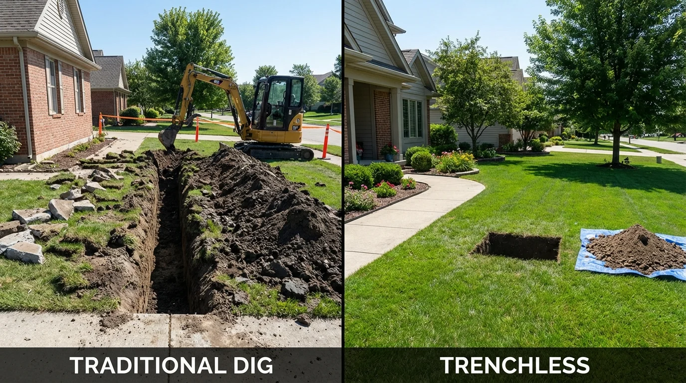 Trenchless sewer repair with minimal yard damage versus traditional excavation in Oswego, IL